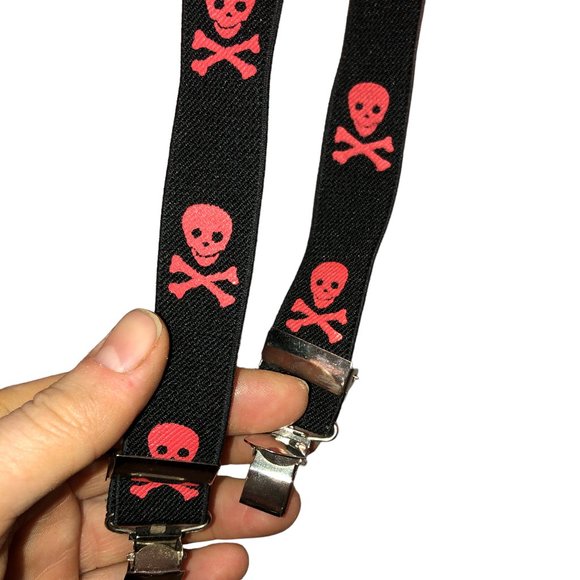 Halloween scary black orange skull & bones print braces suspenders - Picture 1 of 4